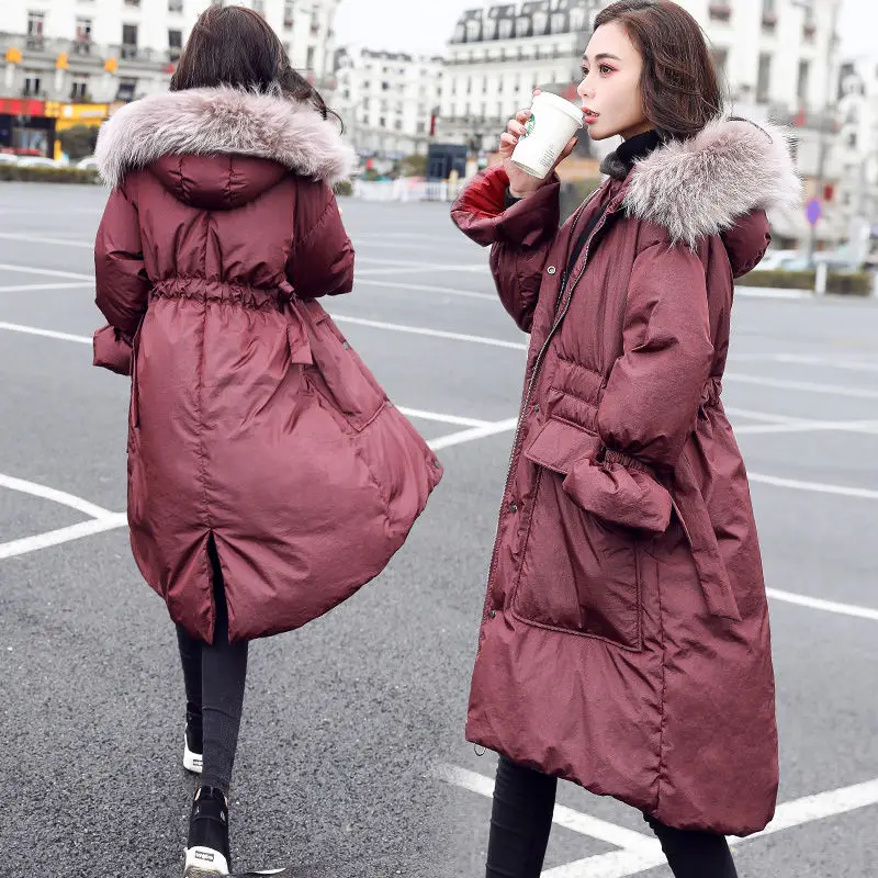 Bella philosophy зимнее женское длинное пальто с воротником из натурального меха, теплые парки с капюшоном, женское пуховое пальто, 90% белый утиный пух, плотное пальто