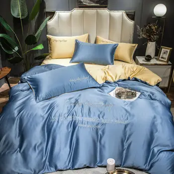 

Satin Silk Bedding Set Luxury Embroidery Queen King Size Bed Set Quilt Duvet Cover Linens Pillowcases bed set sheet Bedclothes