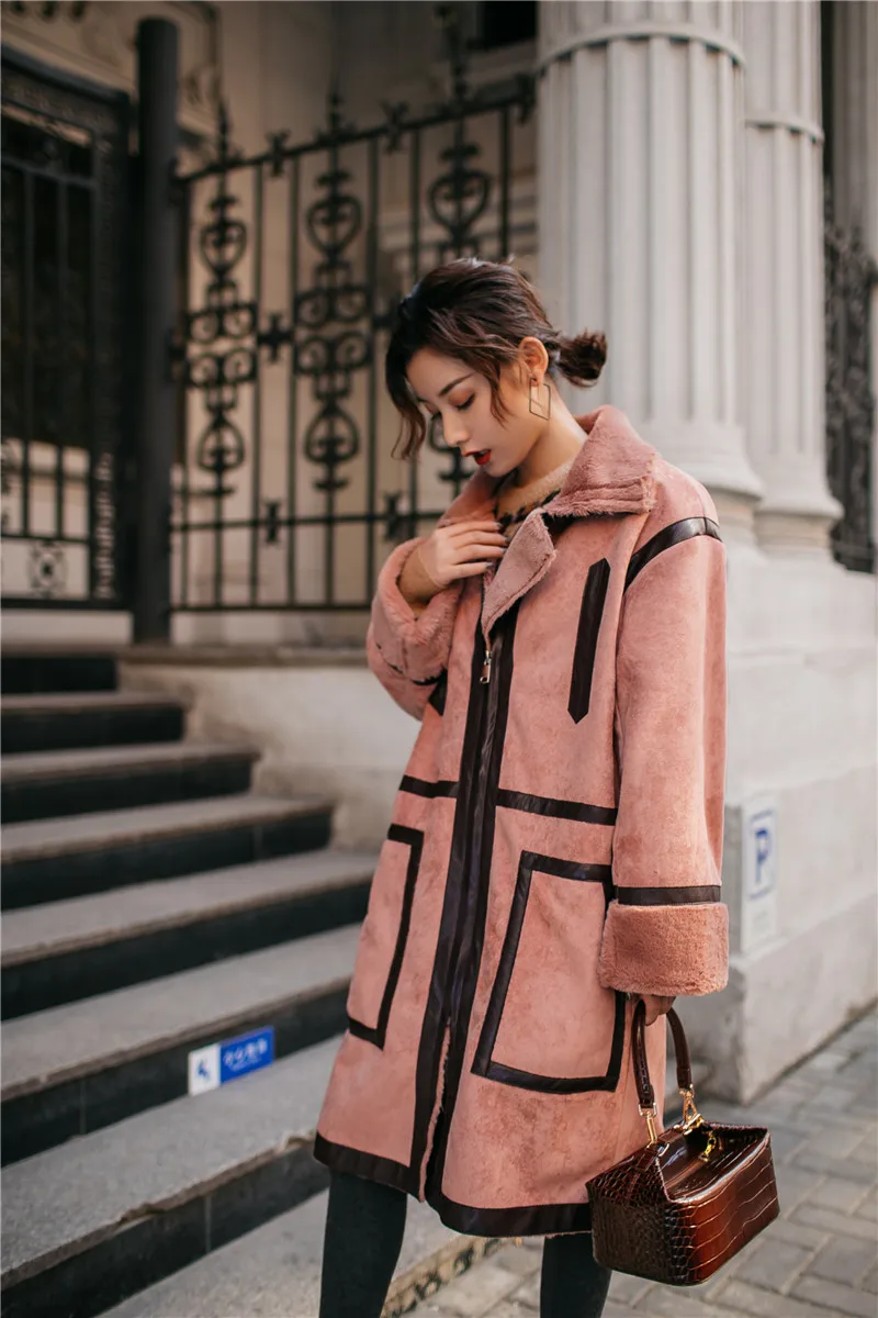 SWEETXUE, Зимняя женская замшевая куртка, Женская свободная Толстая овечья шерсть, теплая парка на молнии, пальто из оленьей кожи, Вельветовая Женская куртка