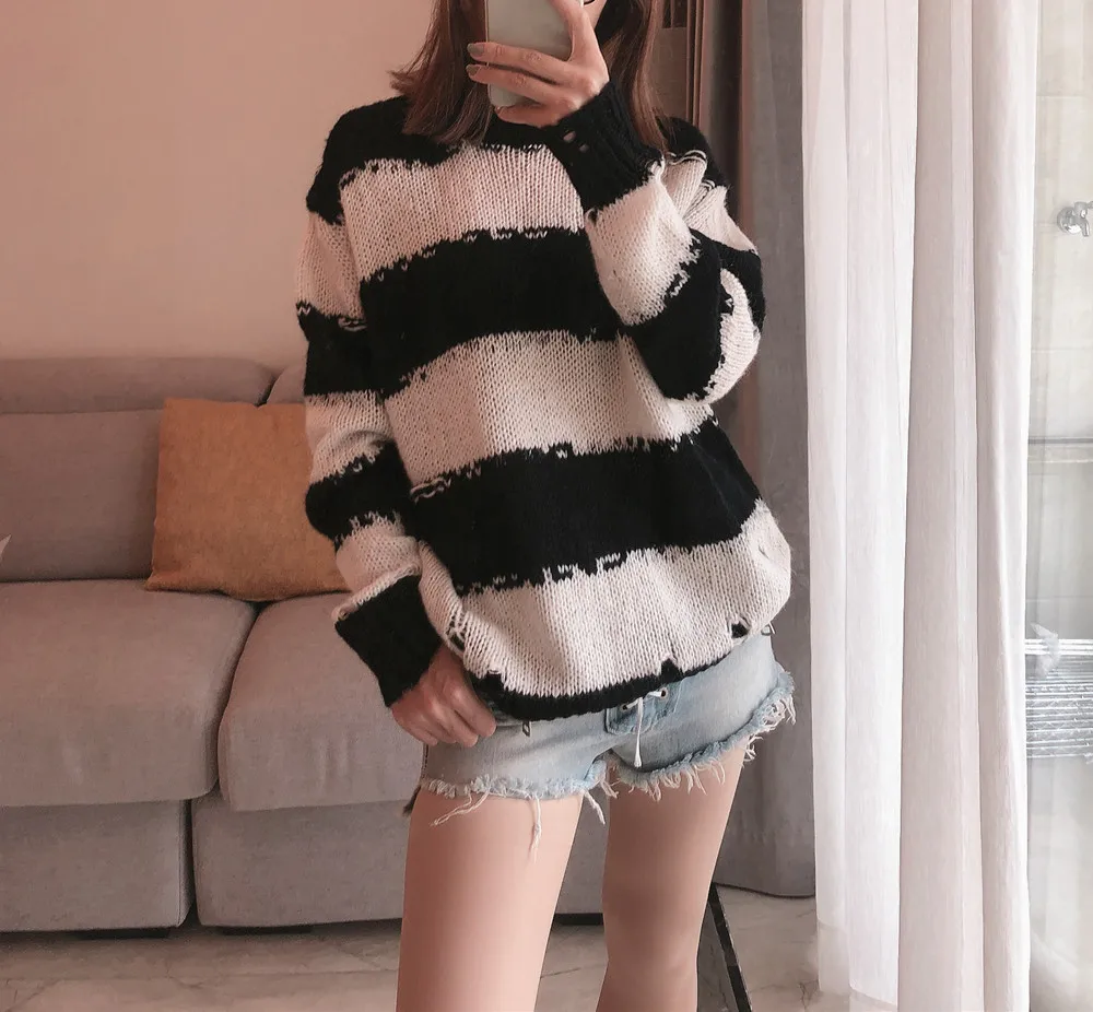 

Mohair Patchwork Knitted Pullover Loose Black And White Stripes Torn Woolen Knitted Sweater