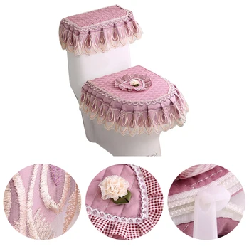 

3pcs Winter Warm Bathroom Mat Floral Lace Toilet Seat Cover Set U Shaped Soft Protect Dustproof Fabric Home Decoration