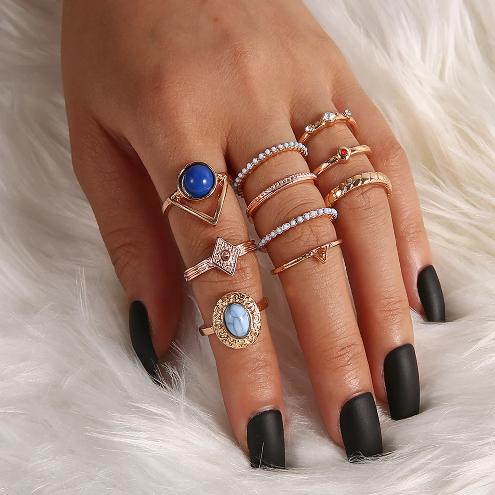 10 Pcs Set Bohemian Vintage Crystal Women s Ring Geometry Midi Kunckle Finger Jewelry Deep Bule