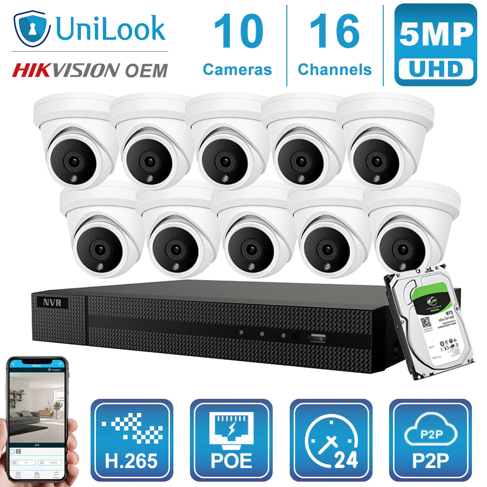 Hikvision OEM 16CH 4 к NVR 5MP купольная камера POE IP Камера 8/10/12/16 шт. наружного наблюдения ONVIF, H.265 система видеонаблюдения NVR Kit с 1/2/4 ТБ HDD