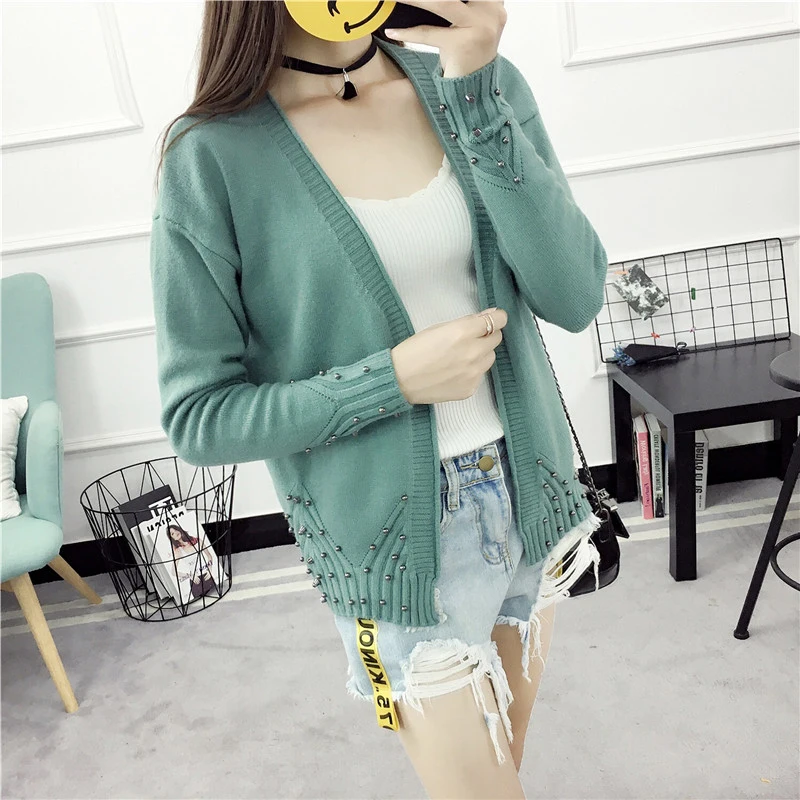 

New 2020 Autumn Sweater V Neck Solid Color Cardigan Fashion Loose Beading Female Small Shawl Jacket Women Pull Femme