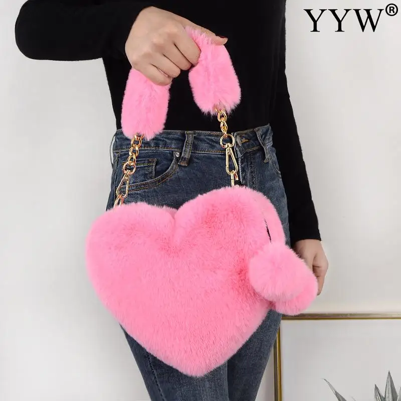 Luxury PINK Plush Heart Shape Women Handbag Party Prom Wedding Shoulder  Messenger Bag Designer Clip Evening Bag Mobile Phone Bag