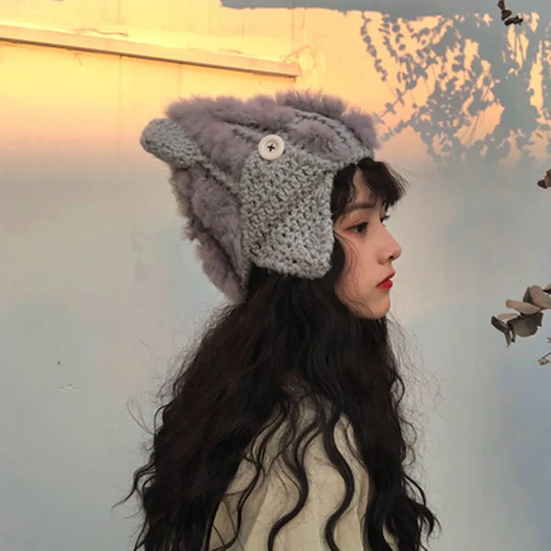 

Sweet and lovely cat ear wool hat Korean version rabbit fur hat Female Japanese knitted Leifeng hat tide in autumn and winter