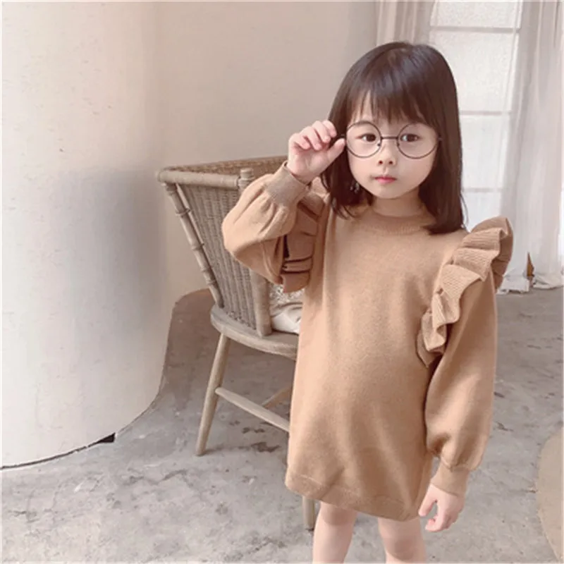 light khaki Новинка года; сезон осень-зима; вязаное платье для девочек; детская одежда; приталенное праздничное платье принцессы; свитер с длинными рукавами; платья для маленьких девочек - Цвет: light khaki