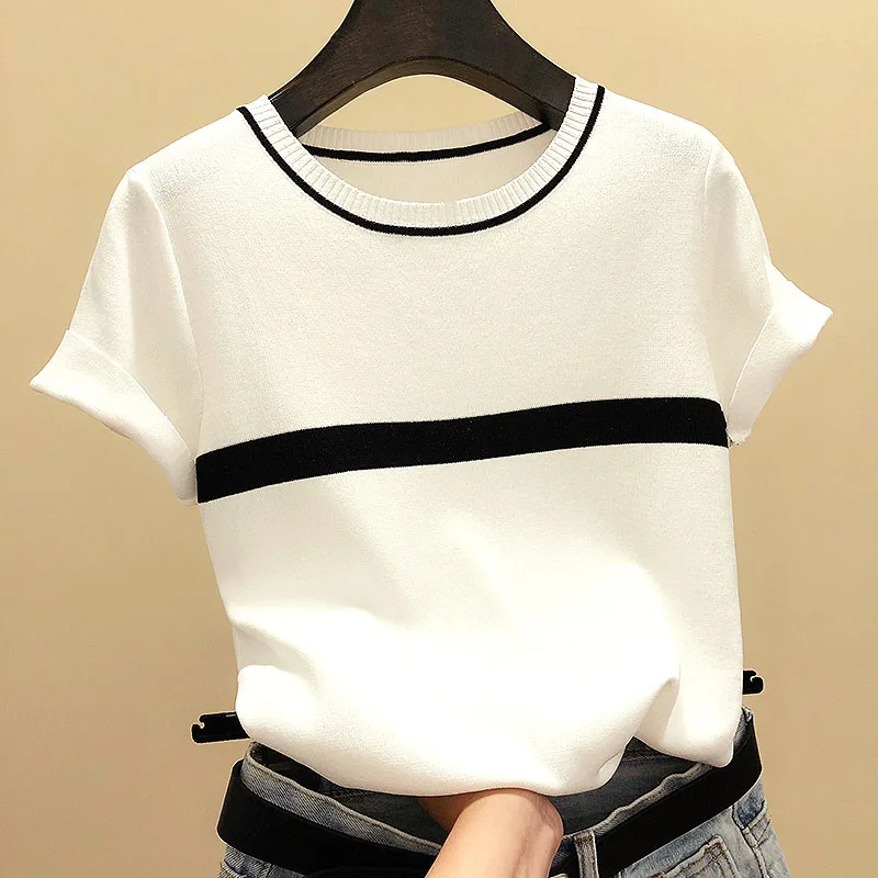 white t shirt Женская тонкая трикотажная хлопковая футболка, летние футболки с коротким рукавом, топы, полосатая Повседневная футболка, женская футболка - Цвет: white t shirt