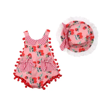 

US STOCK Baby Girl Infant Cute Strawberry Tassel Romper Jumpsuit Hat Clothes Outfits Set