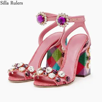 

Runway Pink Luxurious Crystal Square High Heels Sandals Peep Toe Ankle Strap Gladiator Sandals Woman Wedding Party Shoes Woman