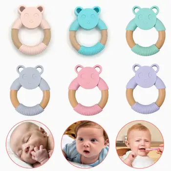

Food Grade Silicone Baby Comfort Teether Pacifier Wood Ring Cartoon Panda Shape Bite Chew Toy Gum 19QF