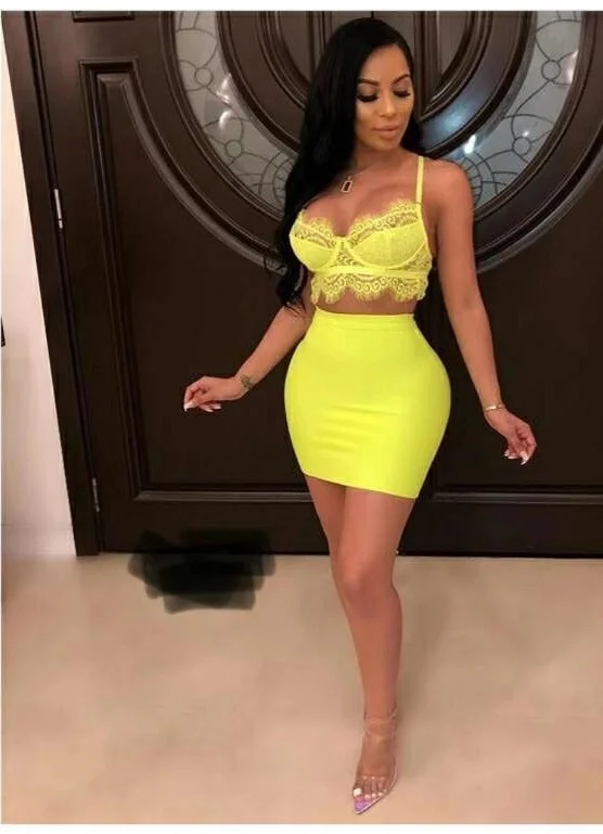 

High Quality Yellow Two Pieces Set Sexy Rayon Bandage Dress Club Party Dress