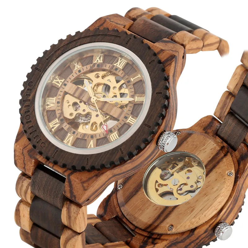 Antique Clock Men's Wooden Wristwatch Automatic Mechanical Watch Skeleton Watches Roman Number Display Full Natural Wooden Strap single high gloss wooden automatic watch winder watch winder display jewelry gift box watch box