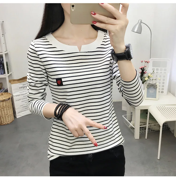 2022 Women Striped T Shirts Long Sleeve 95% Cotton Tops Casual Women Autumn T Shirts Tops Women TopsPull Femme524_voghion.com