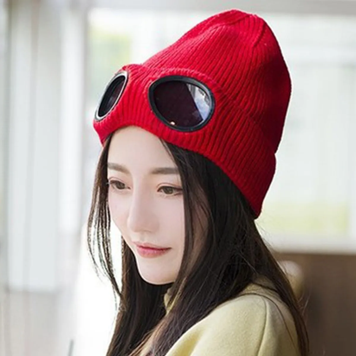 Fashion Double-use Thickened Winter Knitted Hat Warm Beanies Skullies Ski Cap with Removable Glasses for Men Women Cap