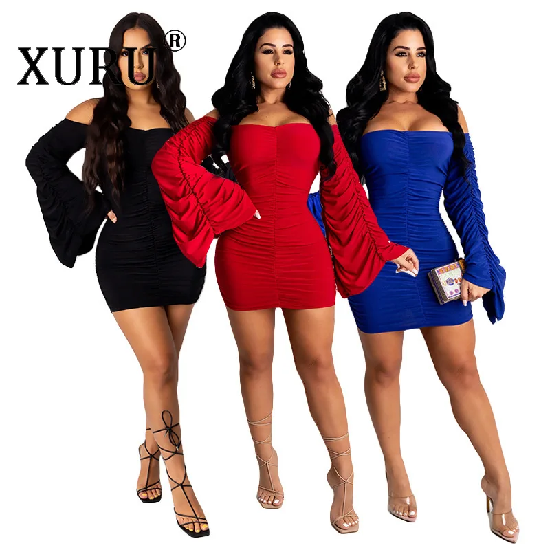 

XURU Europe and The United States Autumn New Products Women's Dress Explosion Models Pure Color Pleated Nightclub Dress