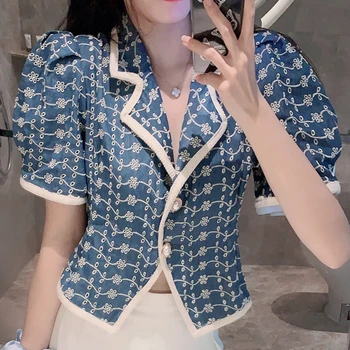 

HIGH STREET Newest Fashion 2020 Designer dress Women's Turn-down Collar short Sleeve Hollow Out Embroidery short Blouse Top