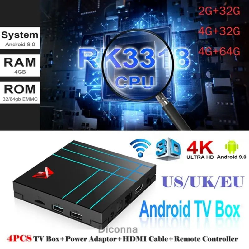 Smart TV BOX RK3318 Android 9.0 4K Wifi Media player Fast Set top Box 4G 64G