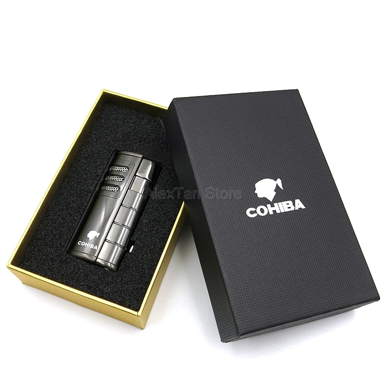 COHIBA курительный гаджет, металлическая ветрозащитная сигарная зажигалка, 3 фонарь, струйный огонь, многоразовая зажигалка, подарочная коробка