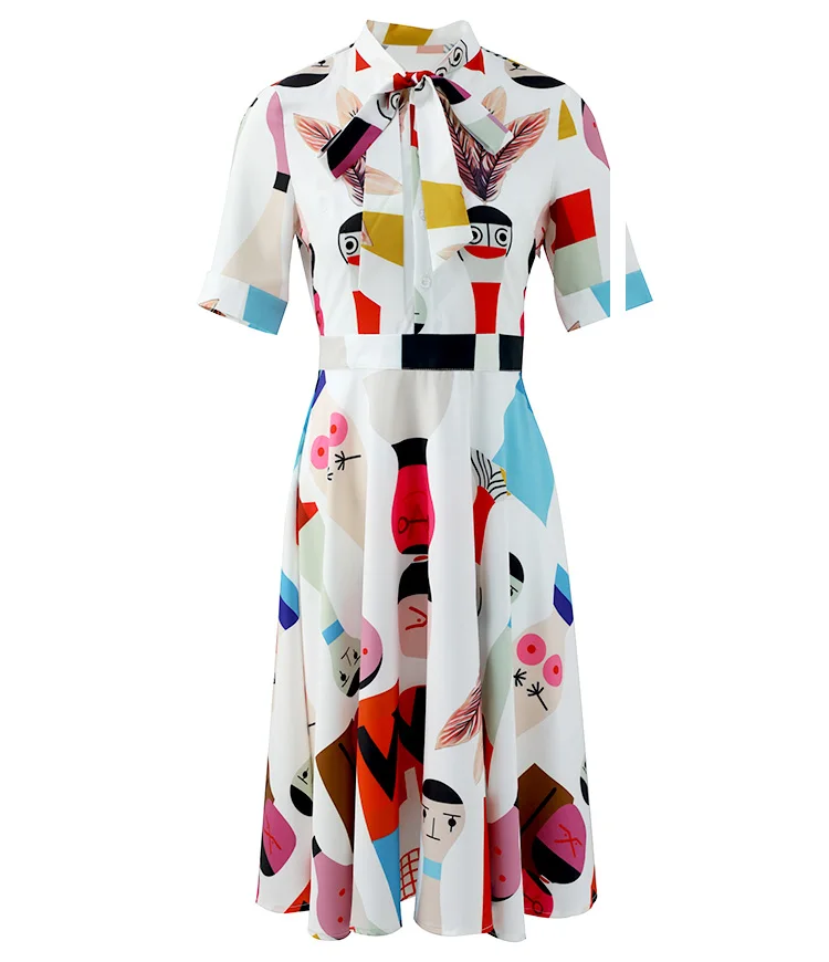Delocah Runway Fashion Autumn Casual Dress Women's Short Sleeve Bowknot Split Printed Collect Waist Female Stylish Midi Dresses