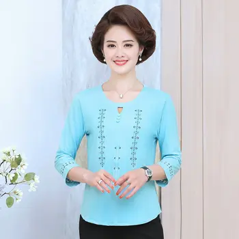 

Oriental Style Women Casual Cotton Tshirts Red Navy Blue Round Collar Three Quater Sleeve Leisure Top Woman Spring Summer tshirt