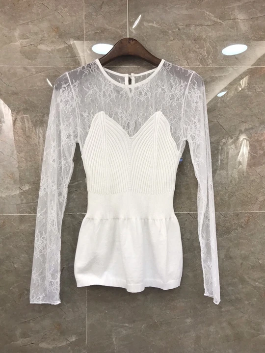 

2019 Early autumn new women's round collar lace stitching knitted long sleeve 100-lap jacket knitted shirt 809