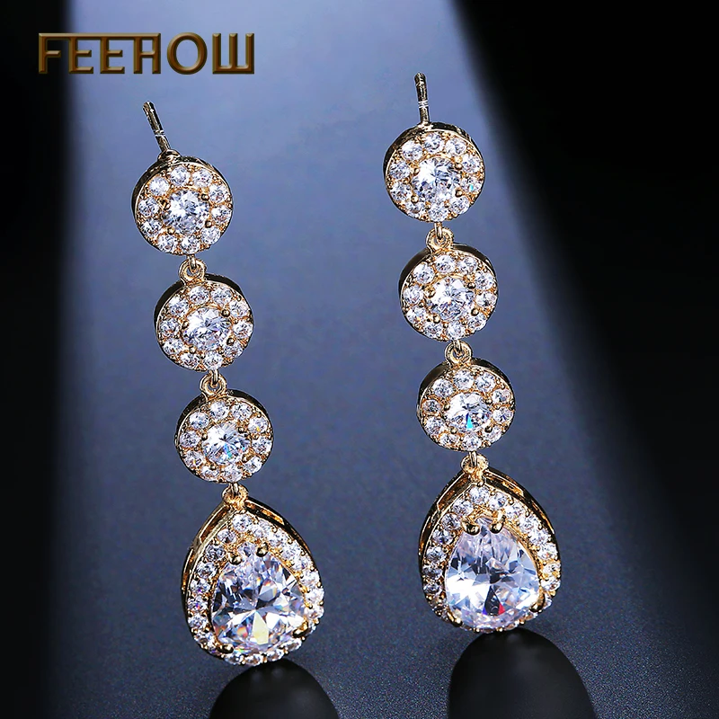 FEEHOW Band Модный кристалл длинные висячие серьги белого цвета для женщин Свадебные серьги кубический циркон ювелирные изделия FWEP624