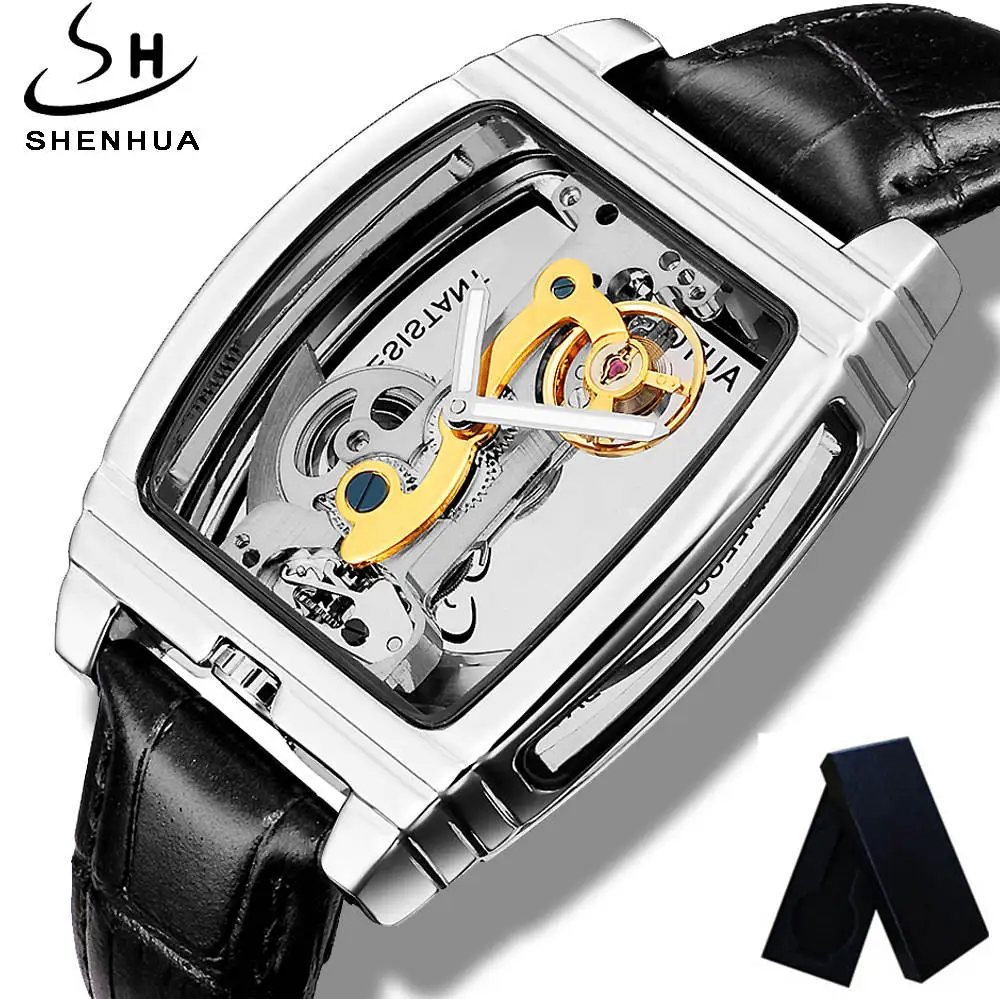 

New Unique Brand Men Watch Troubillon Dial Genuine Leather Watch Men Automatic Mechanical Watch Clock for Men Relogio Masculino
