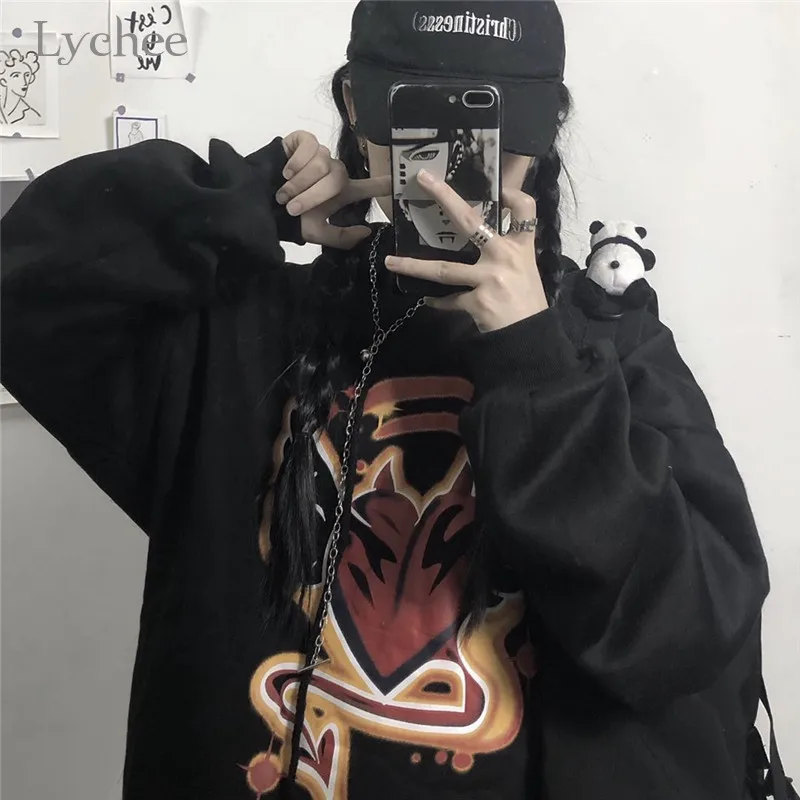 Lychee Harajuku, Женские флисовые толстовки с капюшоном и принтом «Темное сердце», повседневные свободные женские толстовки, весенние, осенние, зимние женские топы