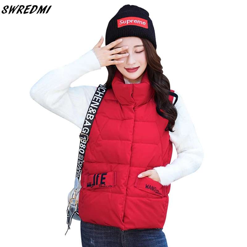 

SWREDMI 2019 Autumn And Winter Vests For Women Stand Collar Letter Down Cotton Warm Vest Sleeveless Female Jacket Coat Outerwear