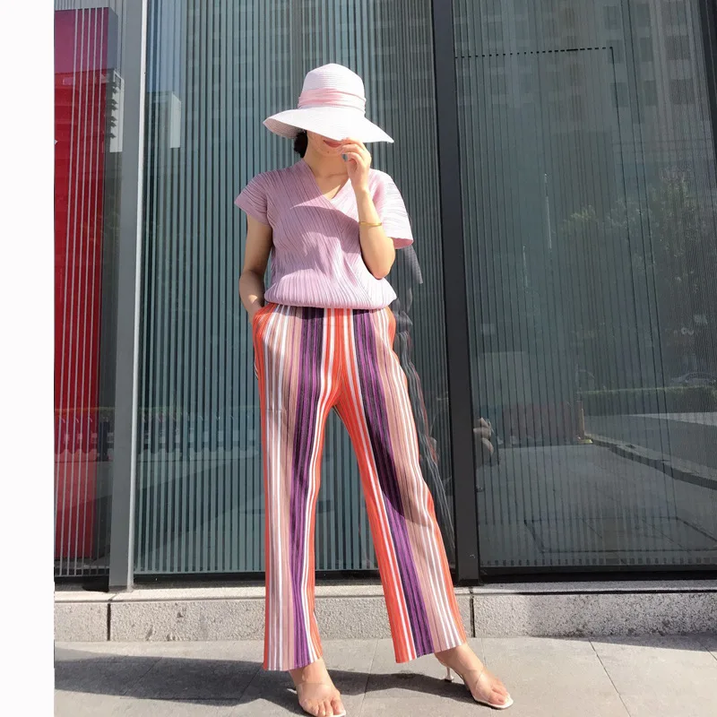 Miyake плиссированные Женские полосатые брюки высококачественные модные прямые повседневные брюки плюс размер комплект пуловер+ кожаная юбка брюки до щиколотки