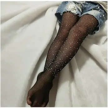 

2019 Hot Kids Girls Crystal Rhinestone Fishnet Mesh Socks Stockings Tights Drilling Pantyhose Hosiery Black Pantyhose Tights