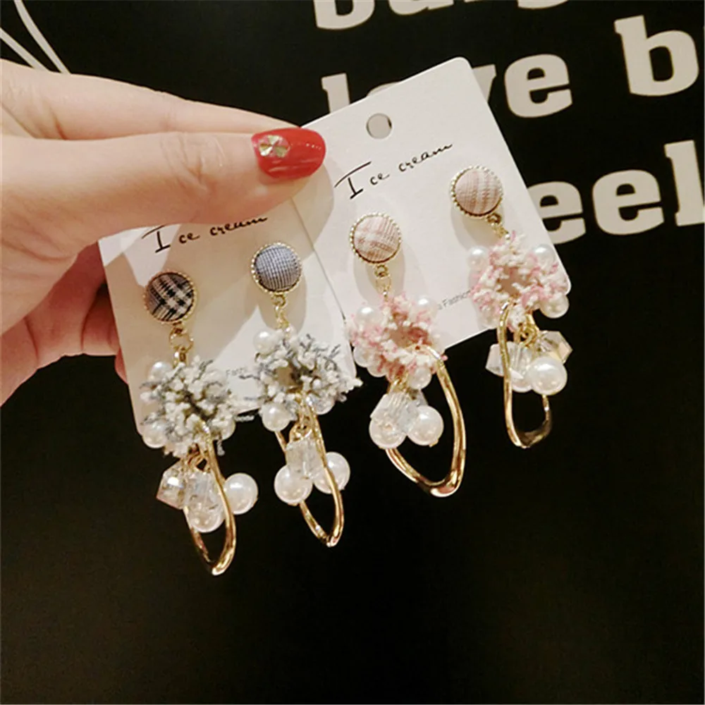 

Korean Japan Plaid Wool Hollow Crystal Pearl Flower Sweet Autumn Fall Winter Women Dangle Drop Earrings Fashion Jewelry-QQD5