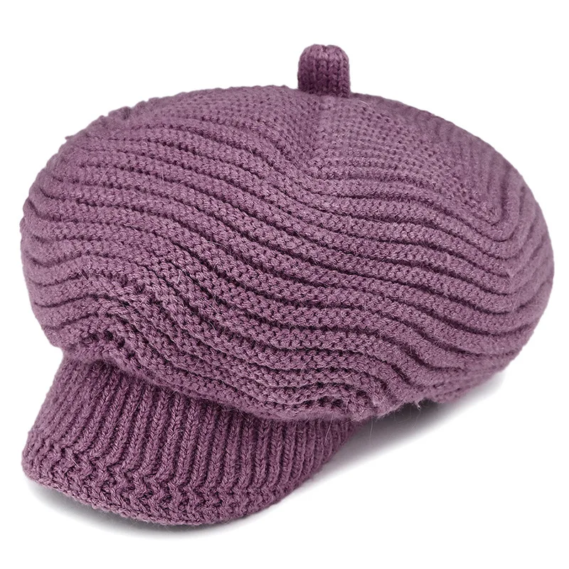 Purple Шапка женская осенняя и зимняя восьмиугольная шапка вязаная шерстяная шапка Зимний теплый модный Берет Корейская версия шапки из кроличьей шерсти - Цвет: Purple