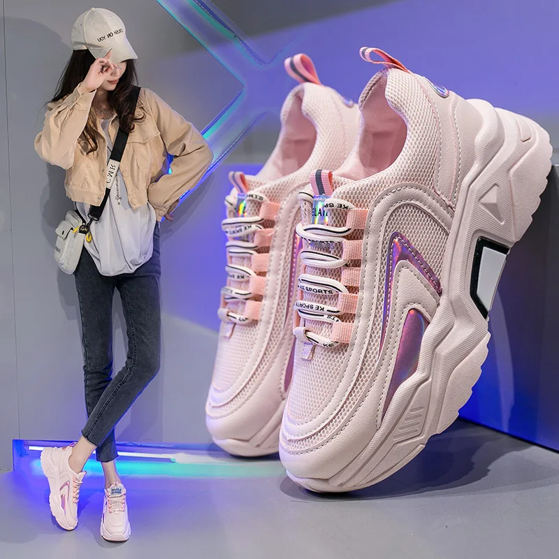 

Woman Casual Shoes Vulcanize Sneakers Femme Spring Autumn Brand Pink Platform Lace-Up Pink Breathable Women Shoes