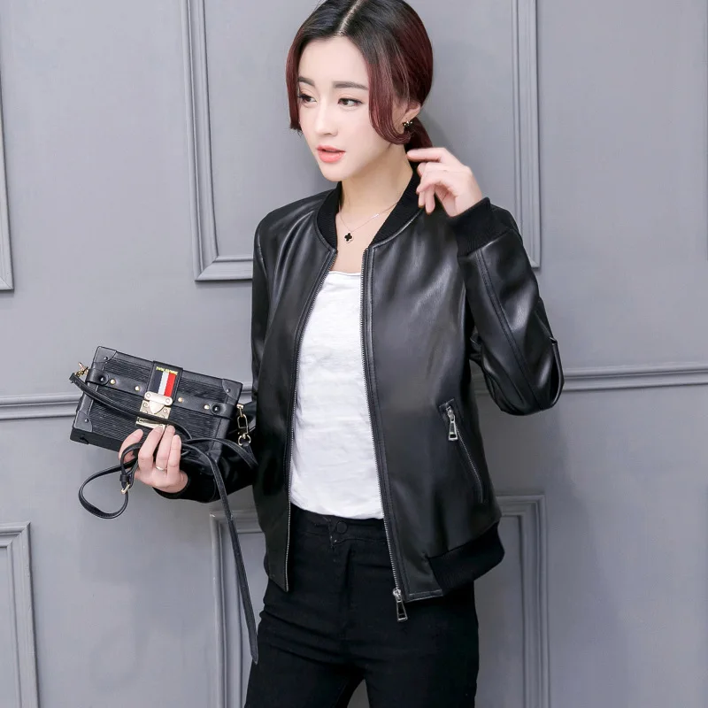 

2019 Apperloth A Women Motorcycle Faux PU Leather Black bomber Jacket female Short student biker Coat ladies' leather jackets