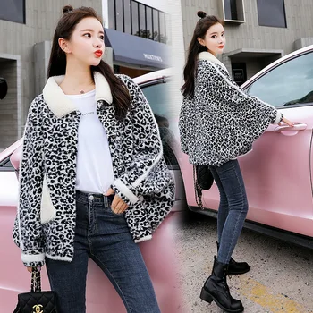 

Thick Leopard Winter Jacket Turn-down Collar Women's Short Wool Overcoat Korean Slim Female Cloak Woolen Jacket With Pocket