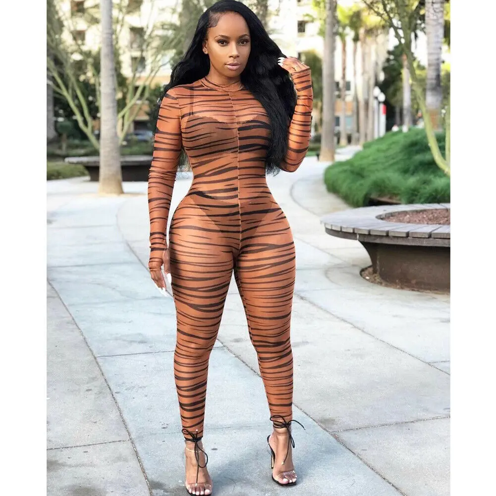 

Sexy Women Long Sleeves Mesh Sheer See-through Tiger Pattern Print High Turtleneck Bodycon Club Party Casual Long Jumpsuit
