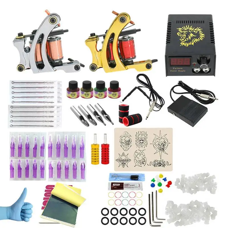 Complete Tattoo Machine Kit Set 2 Coils 4 Inks Colors Pigment Sets Power Tattoo Beginner Grips Kits Permanent Makeup Body Art