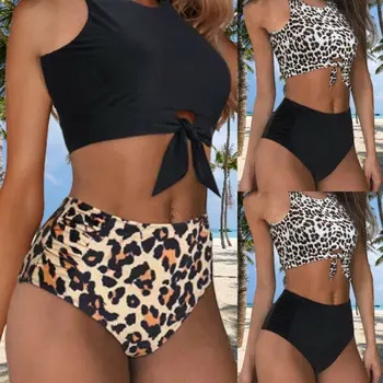 

Women Summer Chic Tied Safe High Waist Two-Piece Swimsuit Leopard Print Biquini Push Up Stretch Swimwear Cool Bathing Suit