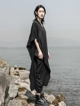 

2020 Dark Women Ladies Tencel V-neck Asymmetric Loose Pleated Black Dress