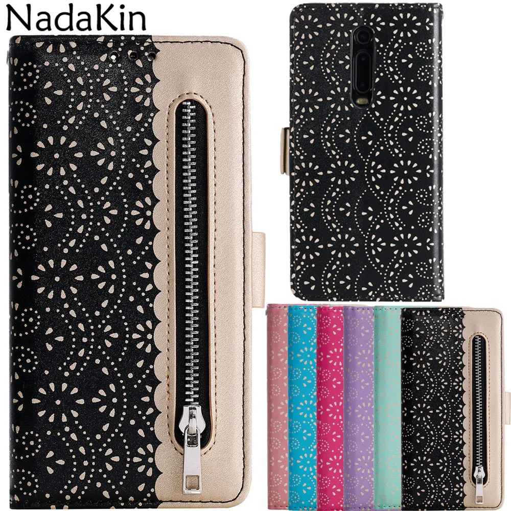 

Lace Texture Zipper Wallet Book Case Shell for Xiaomi Mi 9T A3 Redmi 7A Note 7 K20 Luxury Flip Cover With Landyard Card Slots