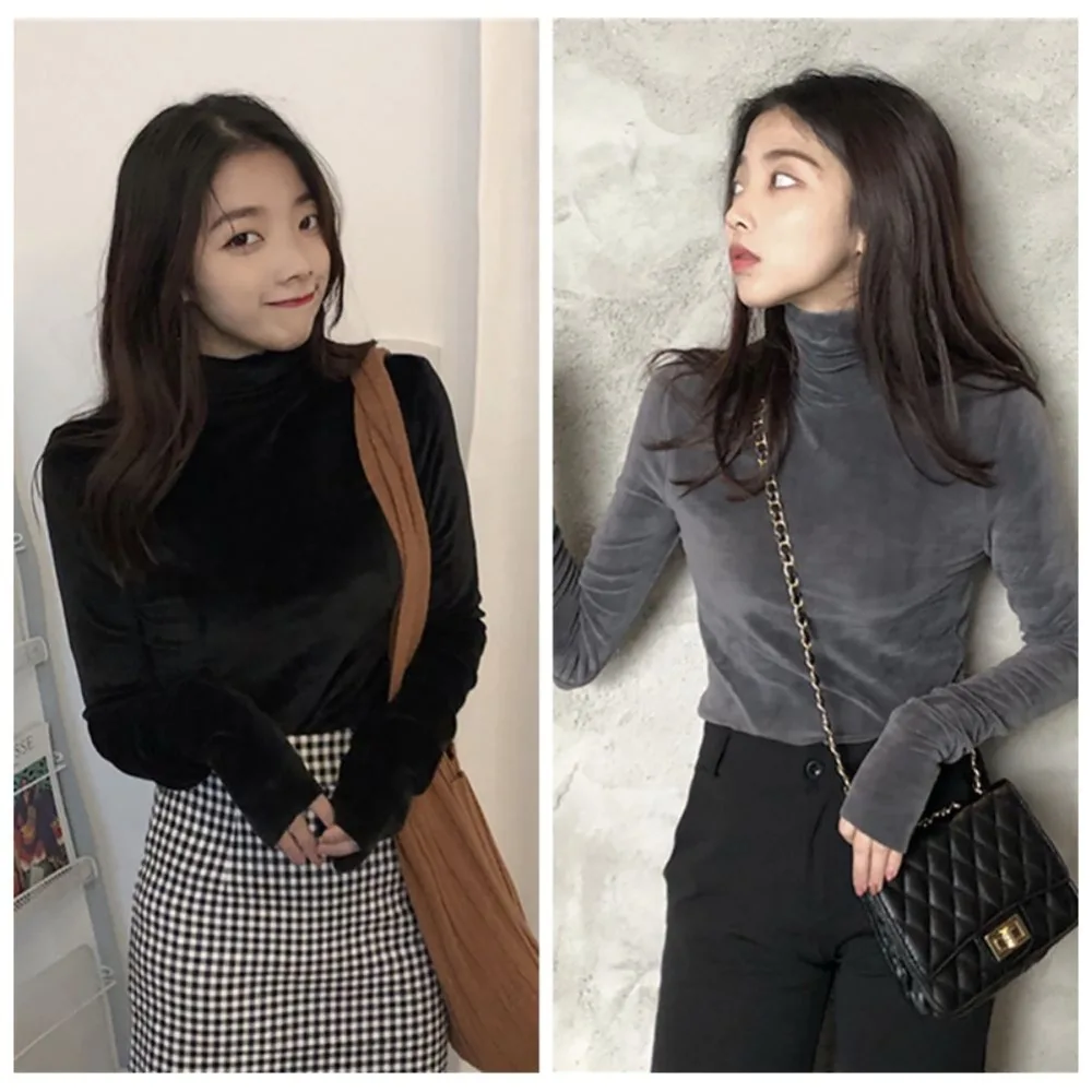 Women T-Shirt  Soft Fleece Velvet Turtleneck Shirt Solid Long Sleeve Autumn Fitness Vintage Girls Bottom Tops Women Clothing