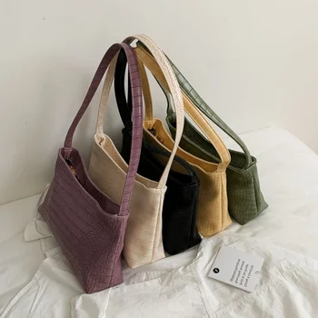

2020 Female Casual Totes Crocodile Pattern Shoulder Handbags Soft PU Leather Handbags for Women Retro Lady's Solid Baguette