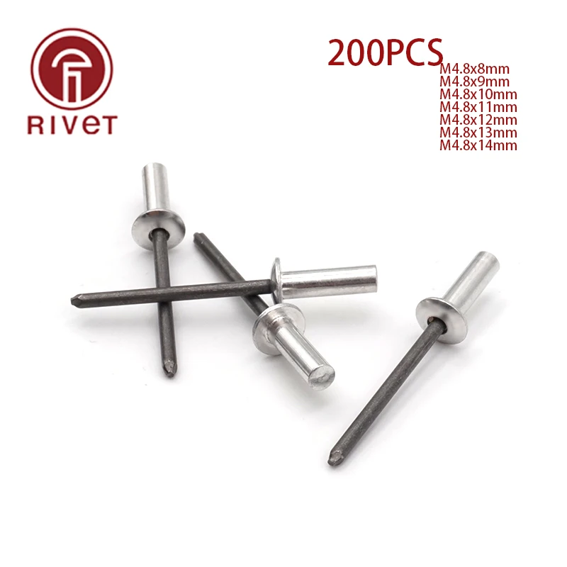 

DIN 15973 200PCS M4.8*8/9/10/11/12/13/14 Rivets Remaches Aluminum Steel Closed End Blind Rivets Round Dome Head Rivet Fasteners