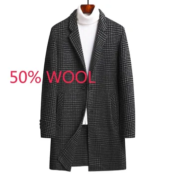

New Autumn Winter Men Double Faced Woolen Overcoat Plaid Coat Long Single Breasted Turn-down Collar Thick Size M L XL 2XL 3XL
