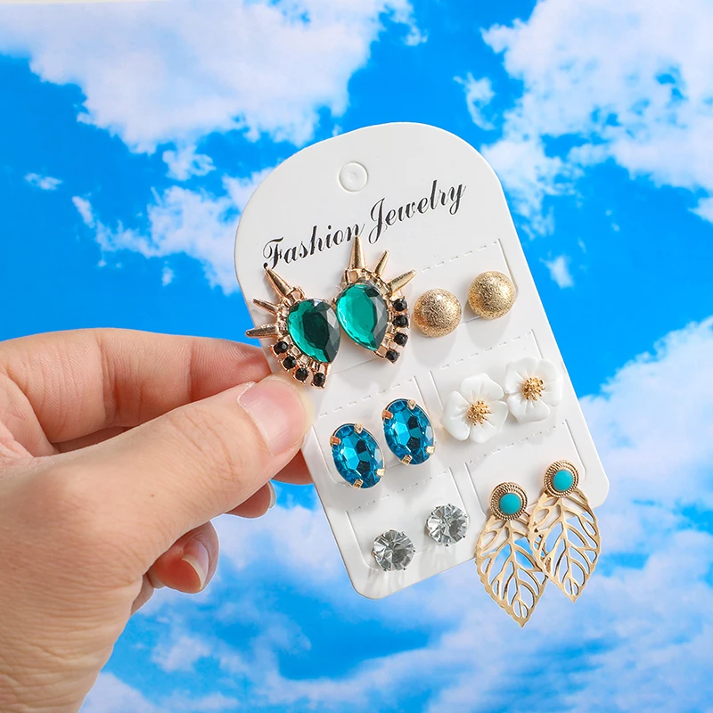 

Bohemian Stud Earrings Set For Women 6 Pair/set Flower Rhinestone Party Earring 2019 Stud Female Brincos Fashion Beach Jewelry