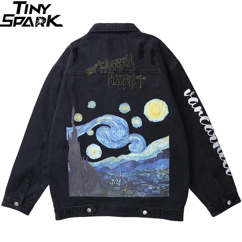 Goedkoop Vincent Van Gogh Streetwear Denim Jassen Hip Hop Mannen Vintage Ripped Holes Denim Jean Jasje Harajuku Bomber Jas Katoen