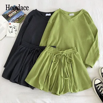 

Casual 2 Piece Sets Women V Neck Long Sleeve Loose Knit Top High Waist Hip Elastic Wide Leg Shorts Wild Suit Spring Autumn