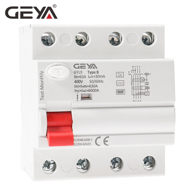 Бесплатная доставка GEYA Din Rail B Тип утечки земли ток Выключатель DC RCCB RCD 4P 40A 63A 30mA 300mA